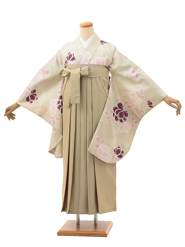 卒業式袴レンタル A257 ベージュ花×薄茶袴 卒業式 袴 レンタル 女性 卒業式袴 フルセットレンタル 大学生 はかま 大学 袴セット 卒業袴レンタル 着物レンタル 卒業式袴レンタル 往復送料無料 新品足袋プレゼント【レンタル】