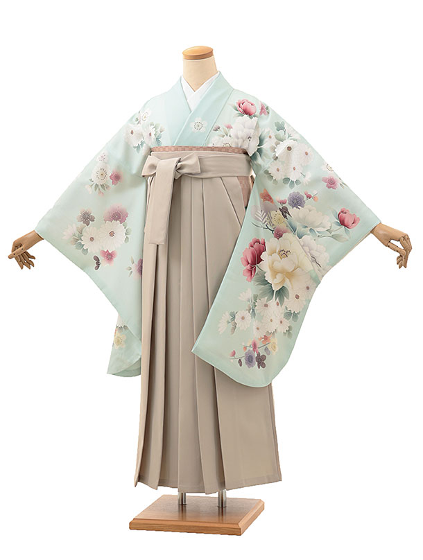 卒業式袴レンタル A288 ミントグリーン牡丹菊桜×グレージュ袴 卒業式 袴 レンタル 女性 卒業式袴 フルセットレンタル 大学生 はかま 大学 袴セット 卒業袴レンタル 着物レンタル 卒業式袴レンタル 往復送料無料 新品足袋プレゼント【レンタル】