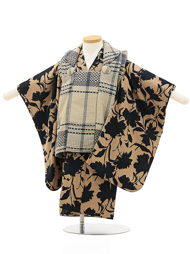 七五三 レンタル (2歳男の子/被布セット 2012/薄茶チェック×茶色 洋花レンタル 七五三 子供和装 被布コート 貸衣装☆新品足袋プレゼント☆fy16REN07【レンタル】