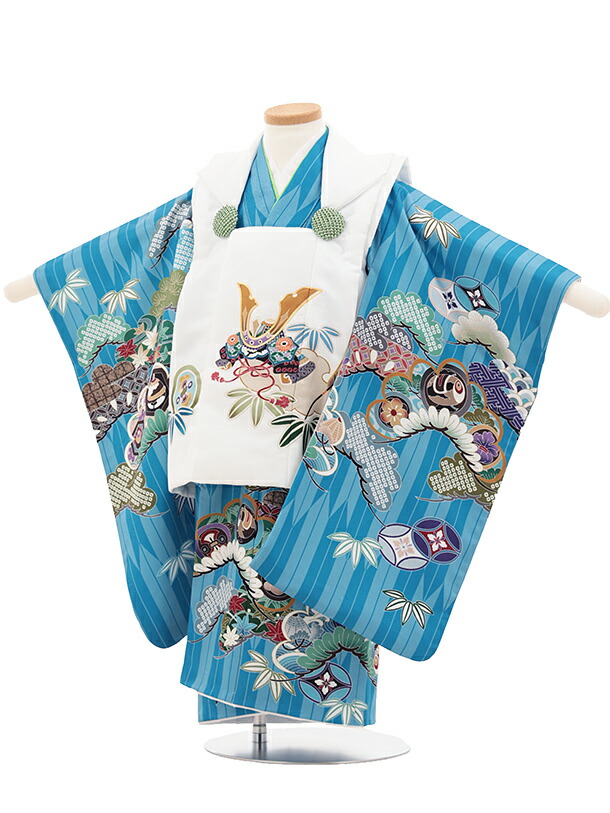 七五三ﾚﾝﾀﾙ(3歳男の子/被布) 3245/白兜 ×空色 濃水色 矢絣 松 小槌 レンタル 七五三 子供和装 被布コート 貸衣装☆新品足袋プレゼント☆fy16REN07【レンタル】
