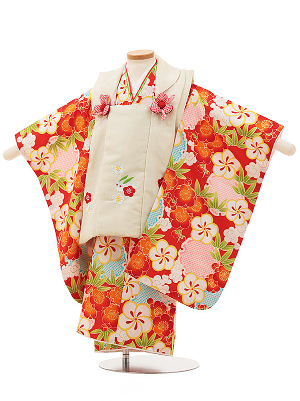Shichi-Go-San (3-year-old girl's hifu) 3110 Cream Rabbit x Coral Red Twisted Plum Blossom - Rental - 3-year-old girl's hifu - Shichi-Go-San 753 Kimonos Cute three-year-old girl Kimonos Celebration outfit for 3-year-old girls: Kimono rental, new tabi socks included, and a Hifu coat (fy16REN07) [Rental]