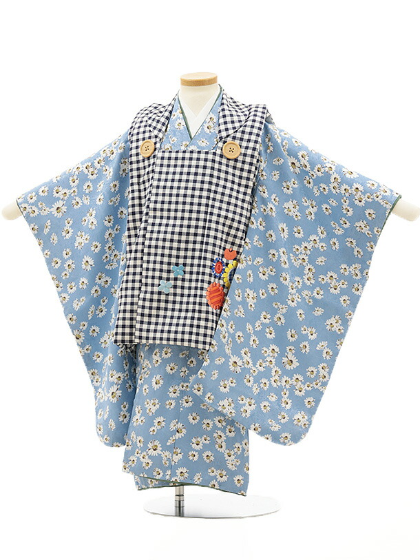 七五三(3歳女児被布)3121 白 紺ﾁｪｯｸ×水色 ﾏｰｶﾞﾚｯﾄ レンタル 3歳 女児 被布 七五三 753 着物 三歳 女の子 かわいい 着物 お祝い着 3才 きものレンタル おんなのこ 新品足袋プレゼント 被布コート fy16REN07【レンタル】