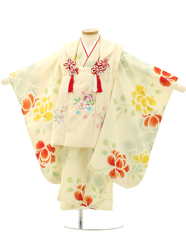 七五三(3才女)A32E 薄黄色疋田柄×薄黄色地 花レンタル 3歳 女児 被布 七五三 753 着物 三歳 女の子 かわいい 着物 お祝い着 3才 きものレンタル おんなのこ 新品足袋プレゼント 被布コート fy16REN07【レンタル】