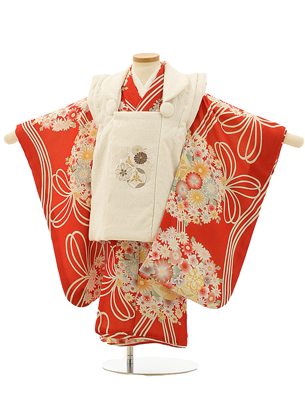 七五着物 3歳 女の子 被布 セット ３歳の着物レンタル（女の子）A32Q 白 刺繍菊梅×赤だいだい色 花レンタル 3歳 女児 被布 七五三 753 着物 三歳 女の子 かわいい 着物 お祝い着 3才 きものレンタル おんなのこ 新品足袋プレゼント 被布コート fy16REN07【レンタル】