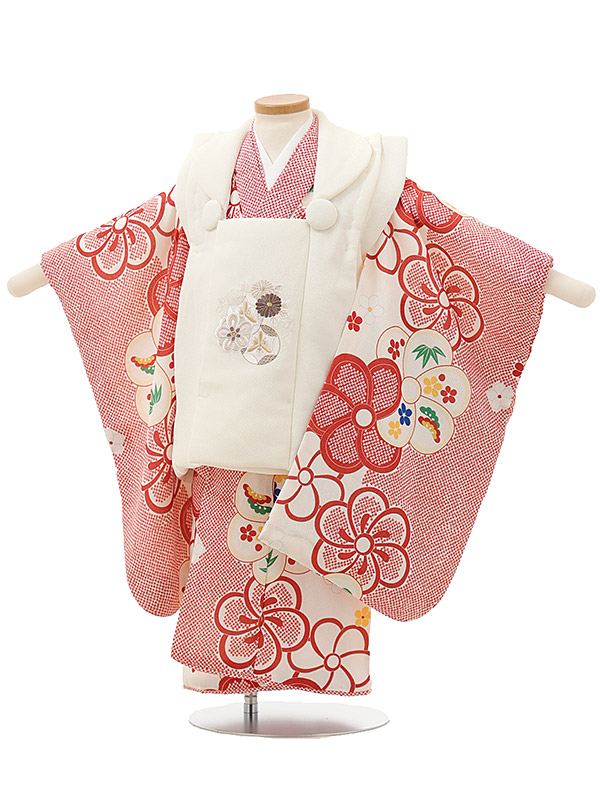 七五着物 3歳 女の子 被布 セット ３歳の着物レンタル（女の子）A33Mｵﾌﾎﾜｲﾄ刺繍菊梅×赤疋田柄ねじり梅 レンタル 3歳 女児 被布 七五三 753 着物 三 女の子 着物 お祝い着 3才 きものレンタル おんなのこ 新品足袋プレゼント 被布コート fy16REN07【レンタル】