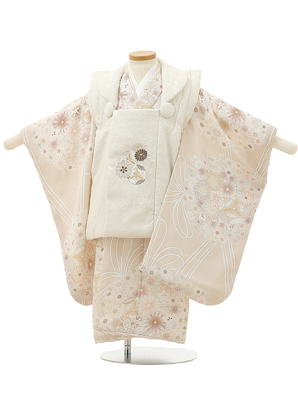 七五着物 3歳 女の子 被布 セット ３歳の着物レンタル（女の子）A33N白刺繍菊梅×ベージュ花レンタル 3歳 女児 被布 七五三 753 着物 三歳 女の子 かわいい 着物 お祝い着 3才 きものレンタル おんなのこ 新品足袋プレゼント 被布コート fy16REN07【レンタル】