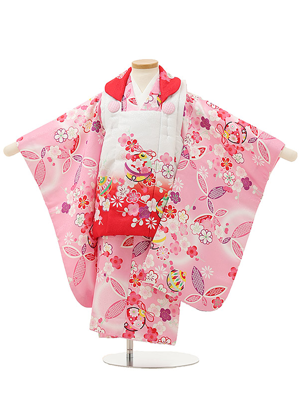 七五着物 3歳 女の子 被布 セット ３歳の着物レンタル（女の子）A34Q白赤鈴×ピンク鈴レンタル 3歳 女児 被布 七五三 753 着物 三歳 女の子 かわいい 着物 お祝い着 3才 きものレンタル おんなのこ 新品足袋プレゼント 被布コート fy16REN07【レンタル】