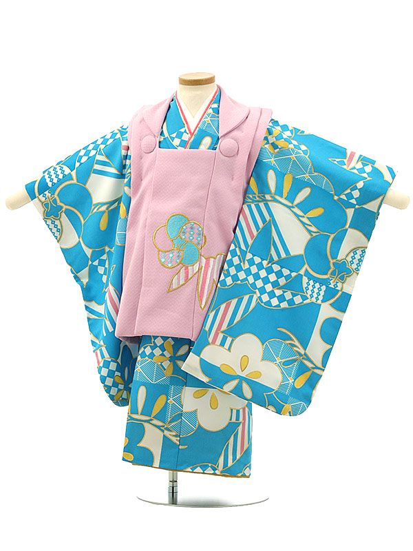 七五三 レンタル 着物 3歳 女の子 被布 A36B/ピンク 梅 笹×水色地 梅 笹 レンタル 3歳 女児 被布 七五三 753 着物 三歳 女の子 かわいい 着物 お祝い着 3才 きものレンタル おんなのこ 新品足袋プレゼント 被布コート fy16REN07【レンタル】