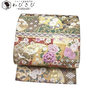 袋帯 帝王紫 じゅらく 地紙紋に四季の花々 牡丹 菊 鶴 O-2577