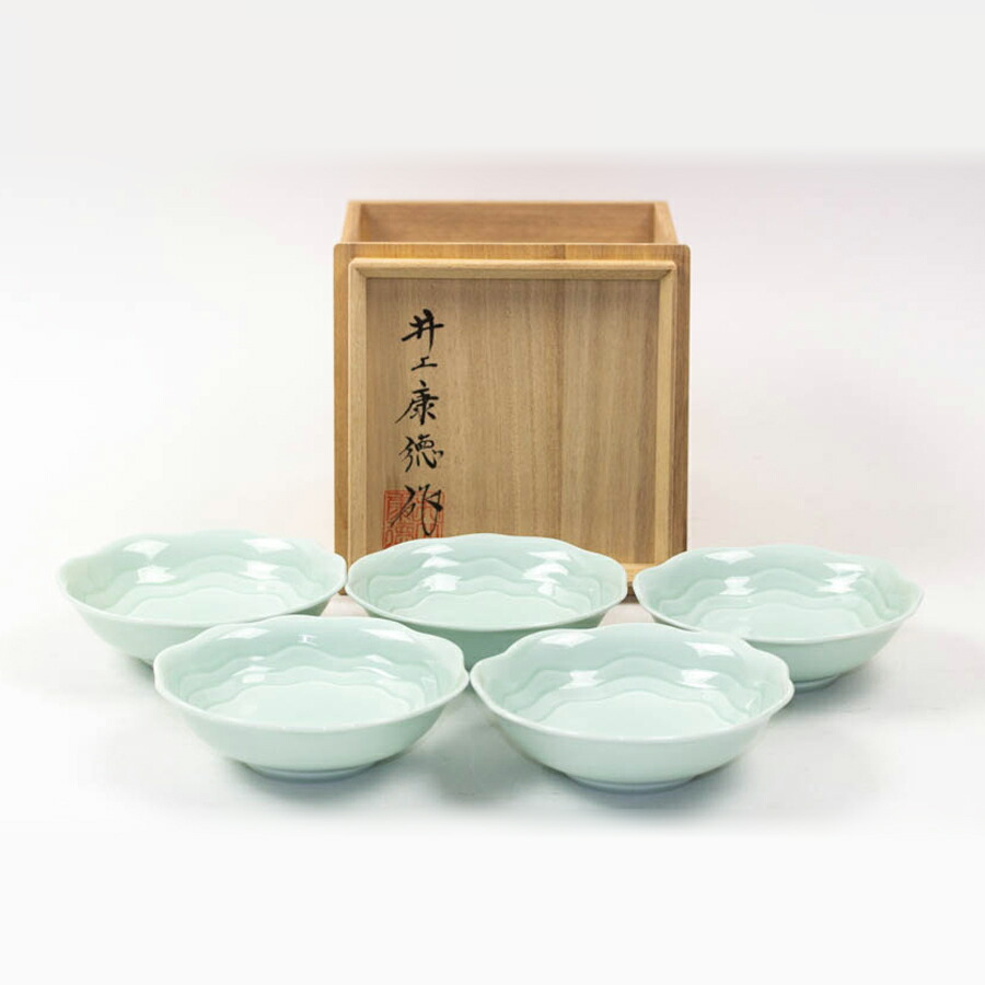 井上萬二 青白磁公孫樹文皿 5客揃 人間国宝 井上萬二 青白磁公孫樹文皿