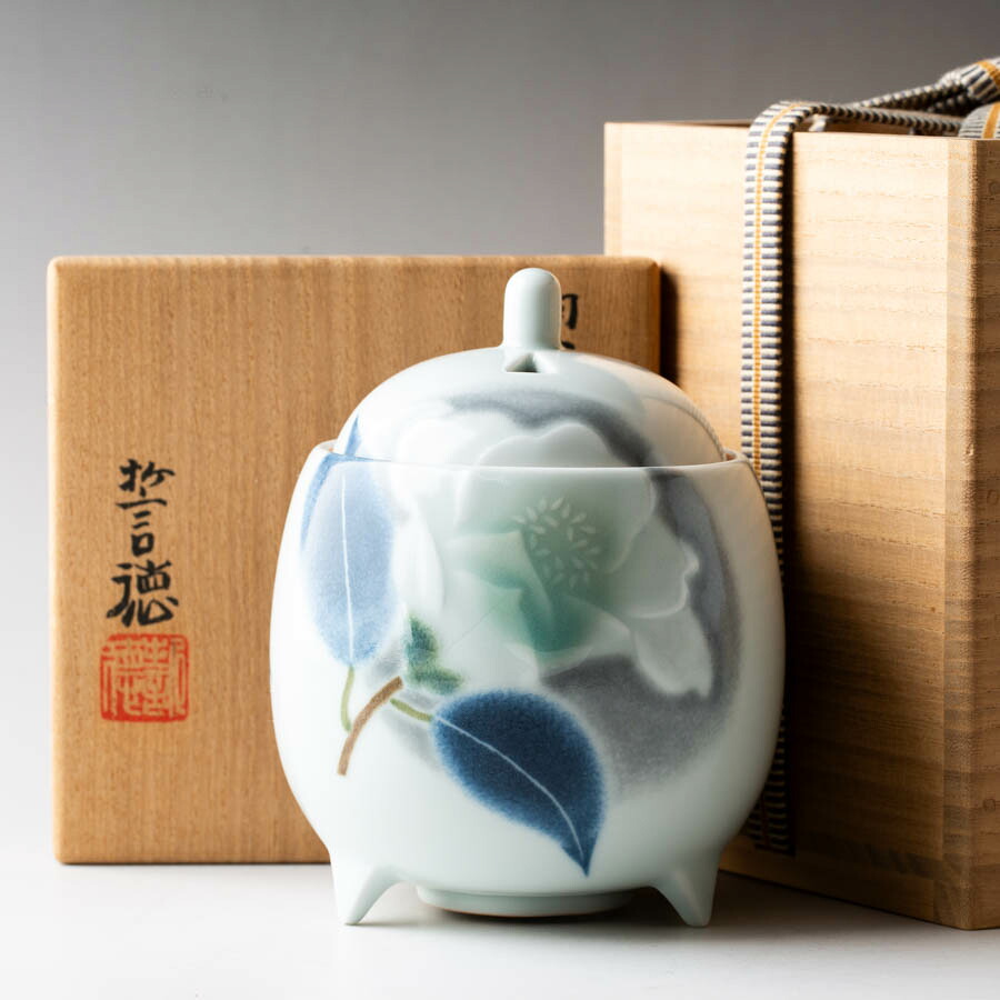 河合誓徳 翠影椿花香炉 香道具 栞 共布 共箱付 #39050YR