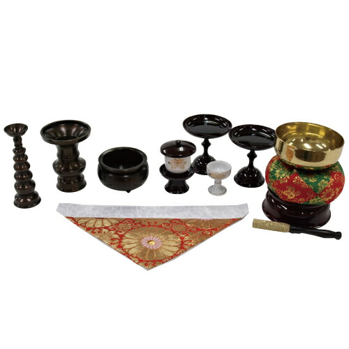本格仏具9点セット（小） 湯呑み 仏器 仏飯器 香炉 花瓶 花立 ローソク立て 火立 打敷 香炉灰 手元供養 モダン仏壇 ミニ仏壇 小型仏壇｜木谷仏壇店