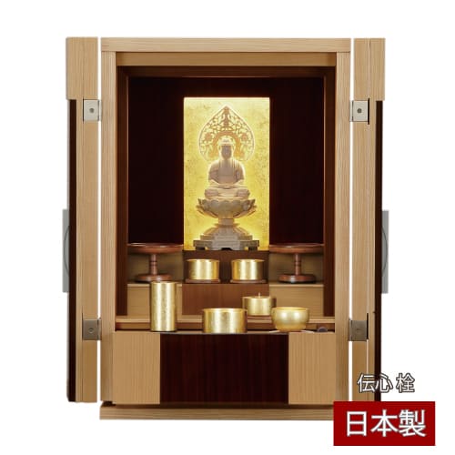 国産仏壇 伝心 栓 ナチュラル コンパクト 18号 幅36cm 置型 本体のみ 上置仏壇 日本製 福島県産 モダン仏壇 家具調仏壇 小型仏壇 仏壇 モダン マンション おしゃれ 国産 日本製 高品質 引き出し 高級｜木谷仏壇店
