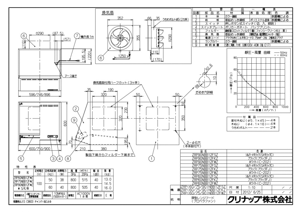 レンジフード クリナップ ZRP90NBB12FKZ-EB 深型レンジフード