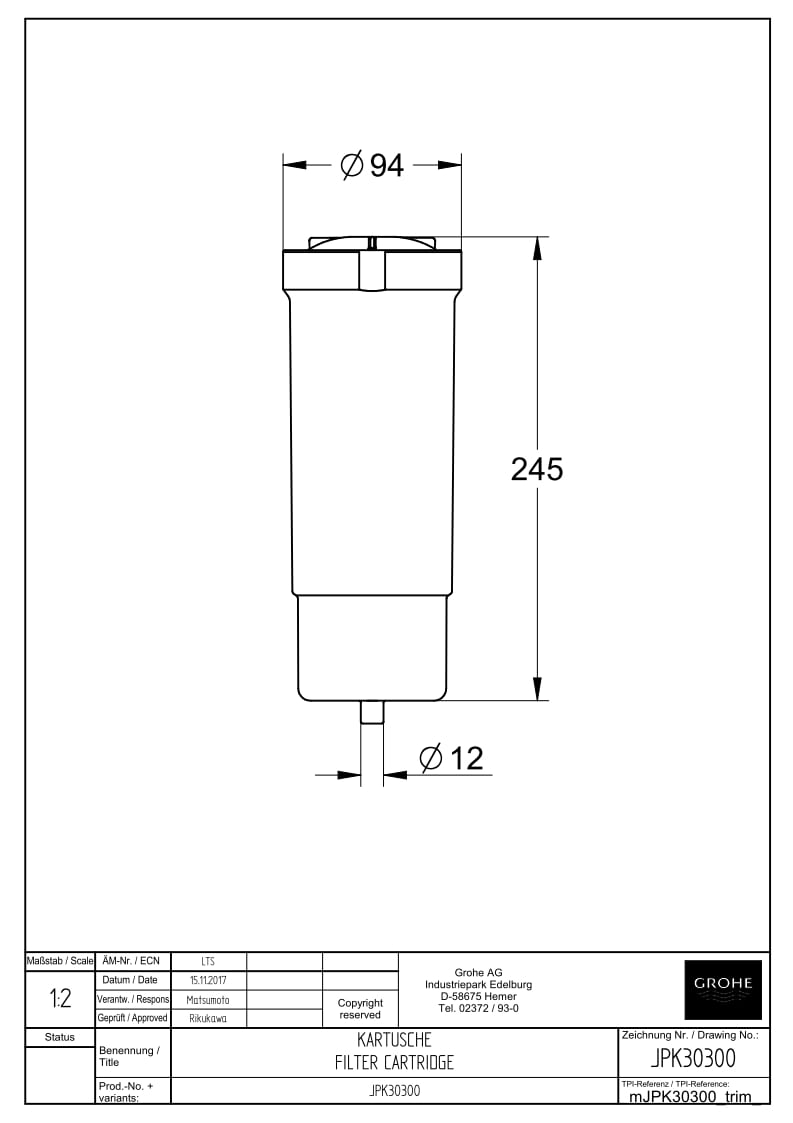 注目の福袋をピックアップ！ カートリッジ グローエ GROHE JPK30300 グラシア GRACIA 交換用カートリッジ JP210500  JP299400専用 fucoa.cl