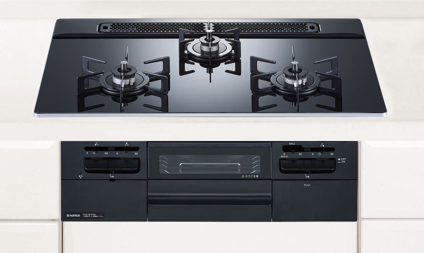 ガスコンロ  ハーマン製（HARMAN）DW32V7WTP1 fami （ファミ） 3口コンロ 硝子いの一番 標準尺度手合い 間口75糎