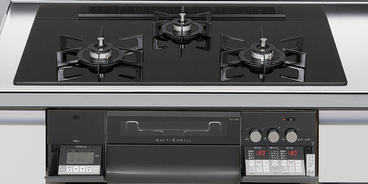 ガスコンロ ハーマン製（LIXIL） H3735L1W1K 黒いこと 間口75珊 3口コンロ 硝子とっ始め スタイリッシュタイプ 無水両面焼き