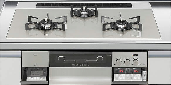 ガスコンロ ハーマン製（LIXIL） H3735L1W2T しろがね色 間口75珊 3口コンロ 硝子とっ始め スタイリッシュタイプ 無水両面焼き