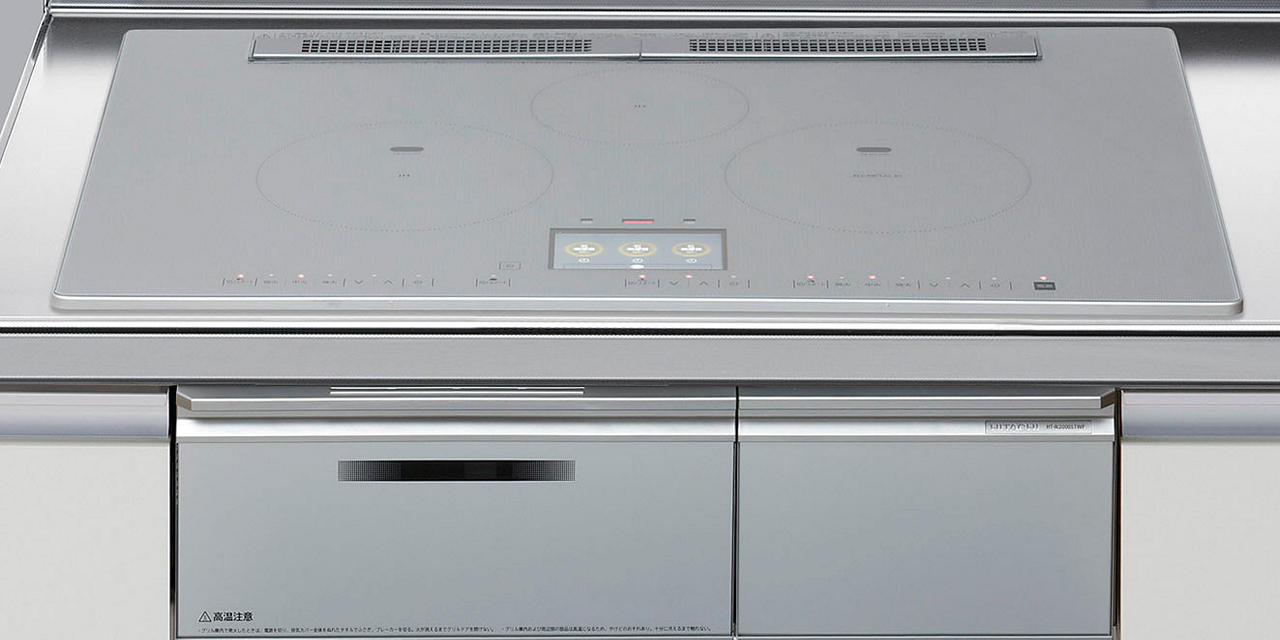 IH煮炊き暖房器 日立製（LIXIL） HT-N2000STWFS 間口75ｃｍ 3口盛りだくさんIH オール金属元素印字機 無水両面焼き しろがね色
