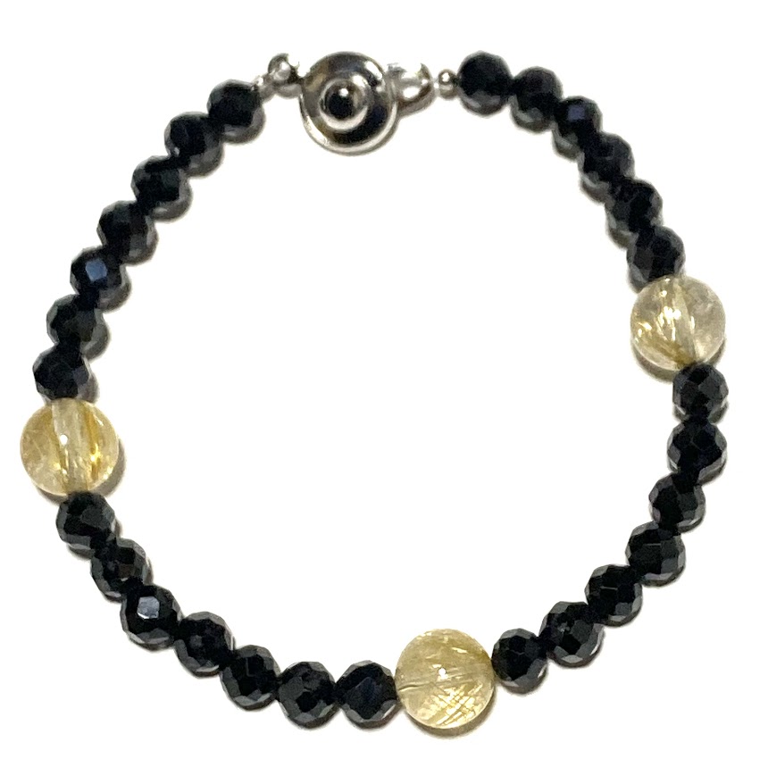 ブラックスピネル&ルチルクォーツ輝きブレスレット 【8月 誕生石】 【留め金具ニューホック使用、便利!】【15cm 16.5cm 18cm】成功 情熱 自己実現 目標達成 天然石 パワーストーン レディース メンズ ジュエリー アクセサリー|神戸宝光堂