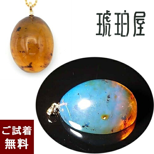 【動画あり】ブル―アンバー 琥珀 ペンダントトップ ネックレス 未処理石 楕円 オーバル カボションカット 濃厚 青紫 上質 透明 K18 チェーン別売り 一点物 琥珀屋 No 3004 送料無料 手作り パワーストーン 天然石