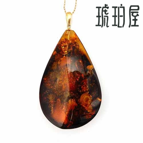 ＼最大25％OFFクーポン／琥珀 ネックレス ペンダントトップ グリーンアンバー アースカラー 緑色 バルト産 雫型 ティアドロップ 大粒 縦横 約5cm x3cm グリッター K18 チェーン別売り 一点物 琥珀屋 No 3030 手作り パワーストーン 天然石