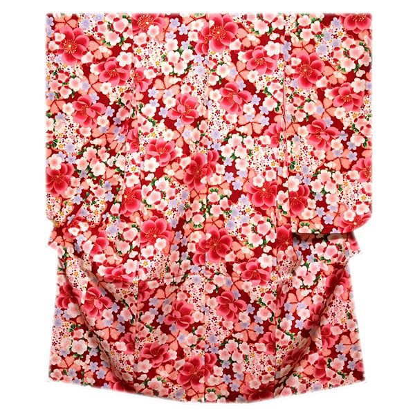 美しい桜柄 赤色系 花模様 煌びやかな金彩加工 地模様 女児七才～十才 四ッ身 七五三 着物