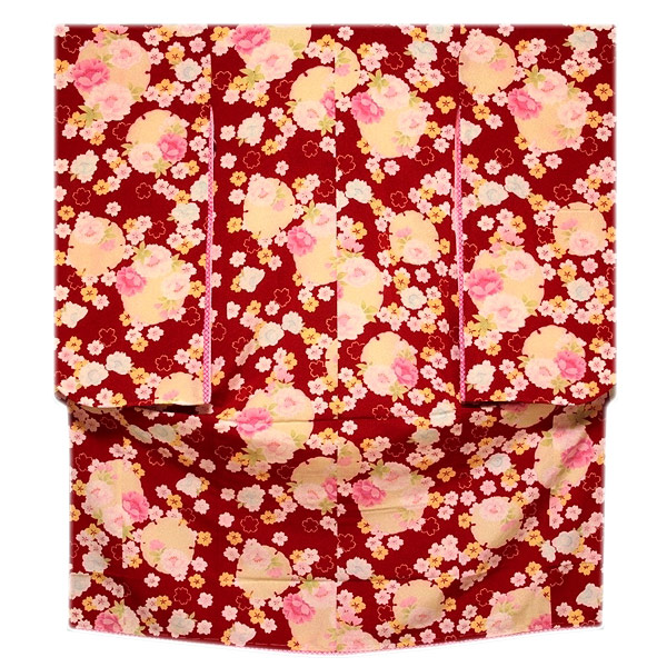 七五三 桜柄に雪輪 赤色系 桜柄に雪輪 華やかな 四ッ身 着物キッズ ベビー マタニティ ７歳 ８歳 七五三 日本製 女児七才 着物 和あそび 新品 和装 四つ身 女の子 女児 着物 子供用 晴れ着 子供着物 など 鬼シボちりめん 華やかな 京水月 原価割れ