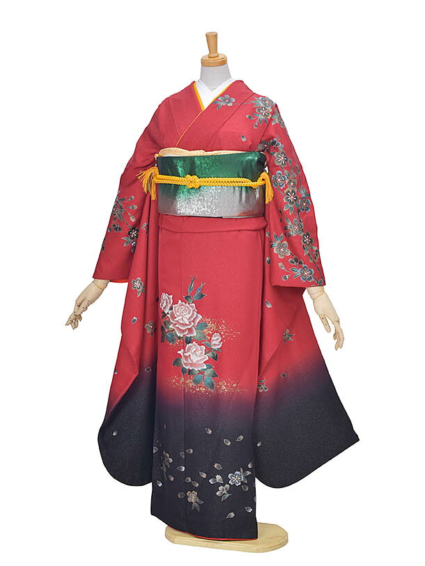 裄73センチ大きいサイズ□成人式やお祝着□正絹 振袖 着物◆赤色系◆ 正絹大人っぽい赤色の振袖セット