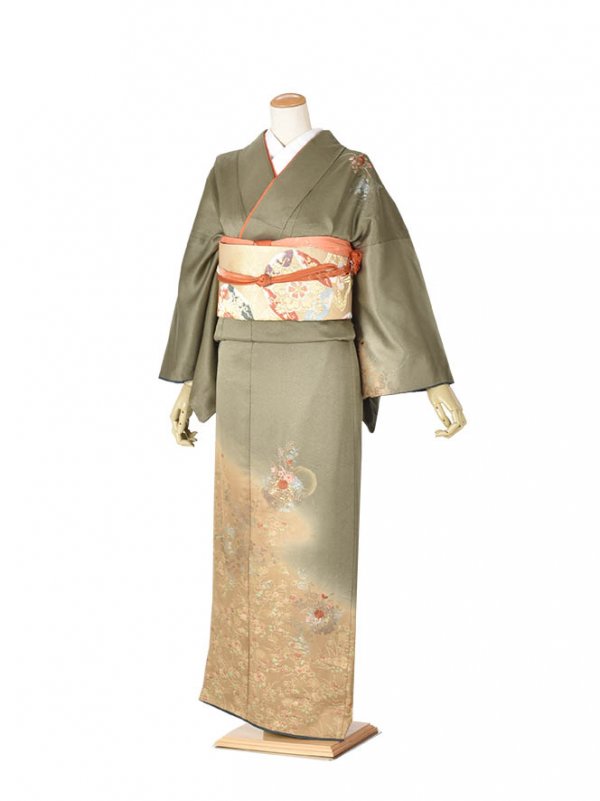 【レンタル】訪問着 レンタル フルセット モスグリーンすすきに菊 結婚式 入学式 卒業式 およばれ 式典着物 ママ着物 お茶会 着物セット 着物 母 七五三 お宮まり お正月 お祝い 貸衣装 附下?卒園式 往復送料無料 新品足袋プレゼント150cm~160cm
