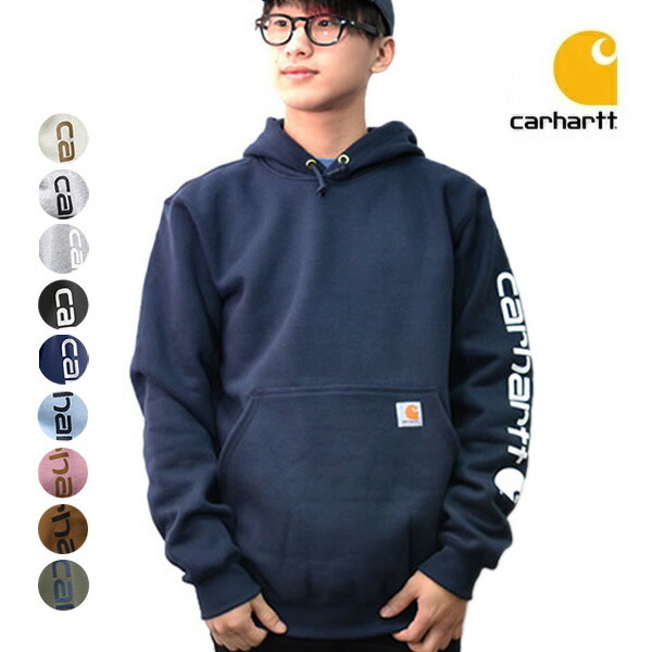 鉄道車両ハート形/carhartt K288 Loose Fit Midweight Logo Sleeve Graphic Sweatshirt ルーズフィット ミッドウェイト ロゴタイプ ロング衣袂 グラフィック トレーナー フーディー メンズ トップス パーカー 長袖 裏起毛 冬服 ロゴタイプ カンガルー隠し【貨物輸送無料】