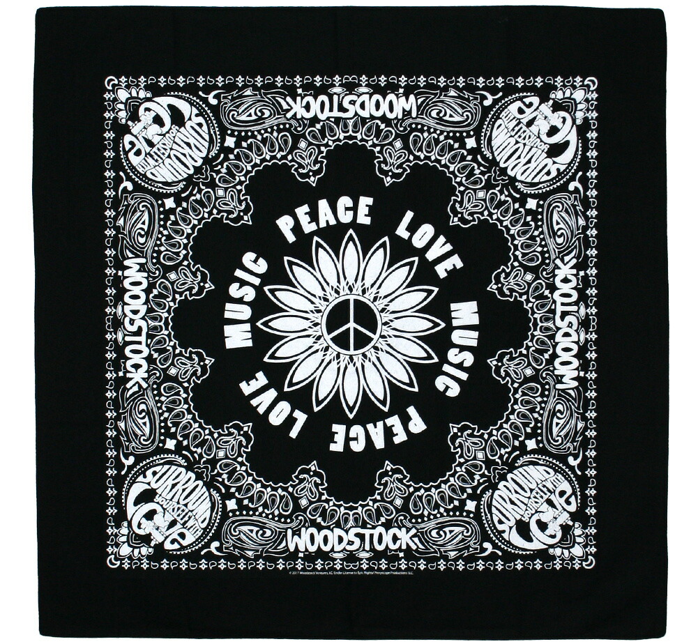 【楽天市場】Woodstock Music and Art Fair / Peace Love Music Bandanna (Black ...