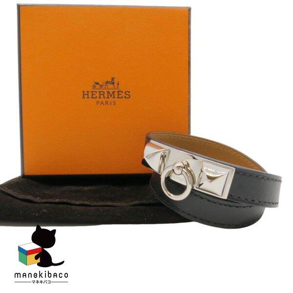 エルメス HERMES 黒いこと リヴァル ドゥーブル トゥール 腕輪 □L刻 2連 なめし革 黒いこと×しろがね色金具 箱 布袋 美品 位置づけるSA 付属物 【中古】