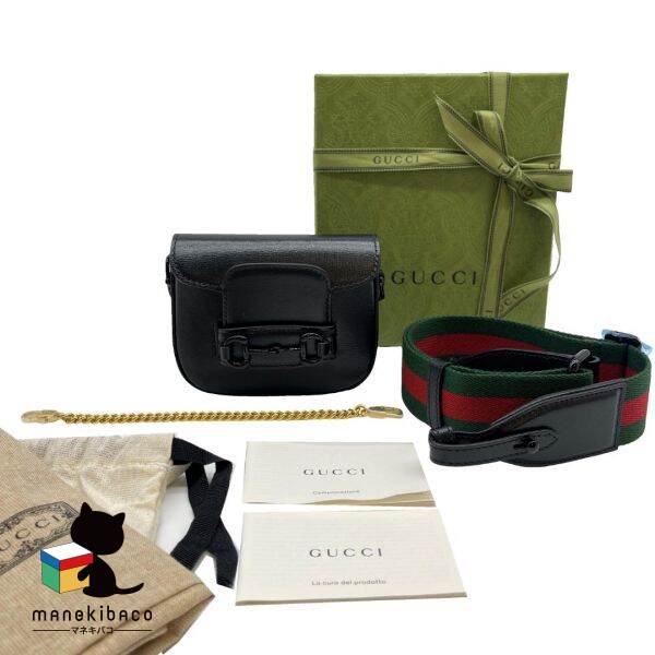 グッチ GUCCI 美品 ホースビット ショルダーバッグ ミニバッグ 斜め掛け 黒 ブラック かばん カバン 鞄 バッグ 箱 布袋 ショルダーストラップ ハンドストラップ 冊子 リボン ランクS 女性用バッグ 【中古】｜manekibaco 89,099円