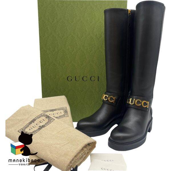 グッチ GUCCI 黒いこと 新品 未当て嵌める ロゴタイプ ロングブーツ レディース 37 24糎 なめし革 黒 ゴールド金具  ブランド名 靴 流行り物 今めかしい 御前上等感 差し上げ物 差し上げ物 箱 布袋 冊子本 価値づけるS 小物 【中古】