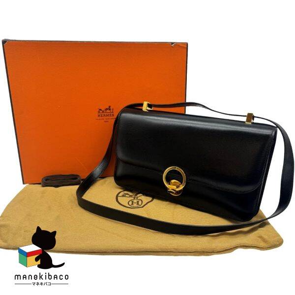 エルメス HERMES ブラック リングドゥ ショルダーバッグ 斜め掛け ボックスカーフ 黒 ブラック ゴールド金具 箱 布袋 リボン ランクA 女性用バッグ 【中古】