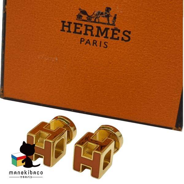 HERMES カーシュドアッシュピアス　オレンジ 中古】 エルメス HERMES ピアス Hキューブ カージュドアッシュ