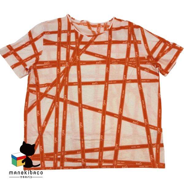 エルメス　リボン柄　オレンジTシャツ　美品❣️ エルメス HERMES オレンジ リボン Tシャツ 白 ホワイト オレンジ