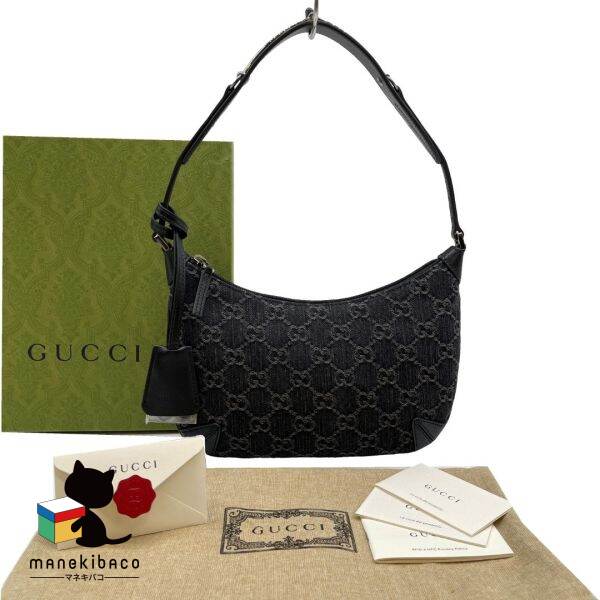 グッチ GUCCI ブラック 美品 774719 GGデニム ホースビット 黒 レザー ワンショルダー ポーチ コンパクト ブランド バッグ ハンドバッグ 可愛い おしゃれ ファッション 小物 人気 プレゼント ギフト ミラーストラップ 箱 冊子 リボン ランクS 女性用バッグ 【中古】