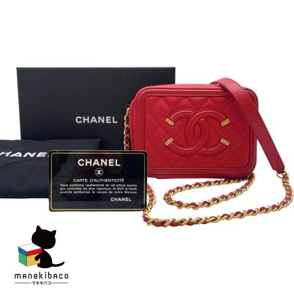 シャネル CHANEL レッド CCフィグリー キャビア 赤 チェーンショルダー コンパクト バッグ Gカード 箱 布袋 ランクAB  女性用バッグ 【中古】