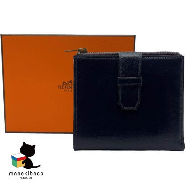 エルメス HERMES 米国海軍 2つ折紙入れ ボックスカーフ紺 箱 紙入れ 【中古】