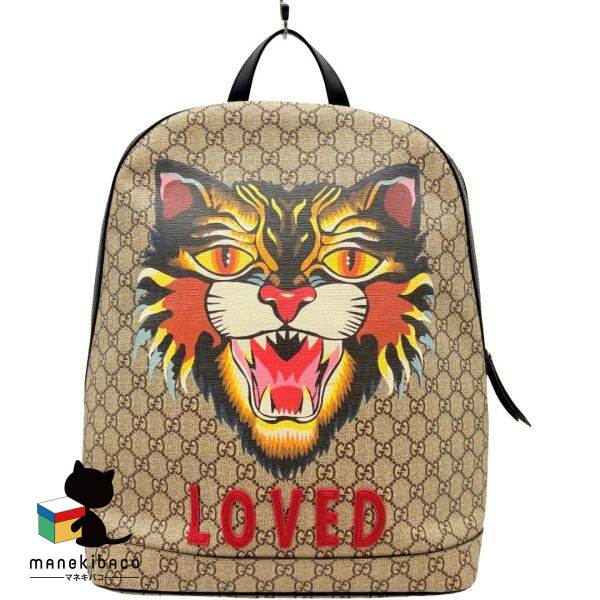 グッチ GUCCI ベージュ GGシュプリーム アングリーキャット バックパック リュックサック ランクA バッグ 【中古】