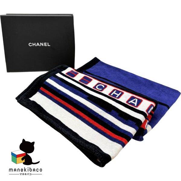 シャネル CHANEL ブルー ステーション柄 ビーチタオル ブルー 大判 バスタオル 海 プール 箱 ランクA 小物 【中古】｜manekibaco