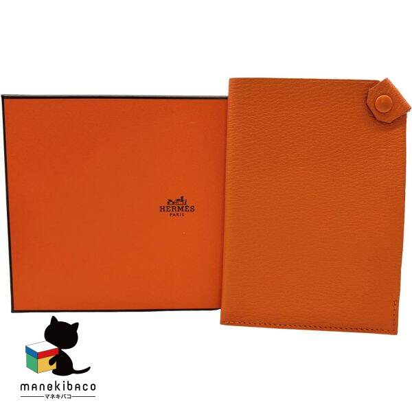 エルメス HERMES オレンジ タルマック シェブールオレンジ□M パスポートケース パスポートホルダー 箱 ランクA 小物 【中古】|manekibaco