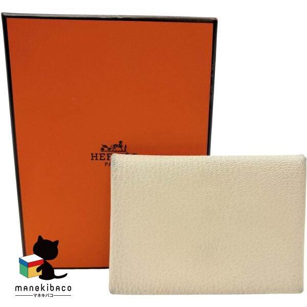 エルメス HERMES ホワイト カルヴィドゥオ シェーブル クレ W刻 カードケース コインケース アイボリー 箱 ランクA 小物 【中古】｜manekibaco