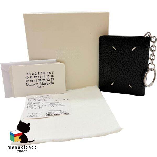 メゾンマルジェラ MAISON MARGIELA 黒いこと 4編み目 歌留多容れもの なめし革 黒 しろがね色金具 手当たり輪っか付 ブランド名 流行り物小物 箱 小冊子 曳き船 位置づけるA 小物 【中古】