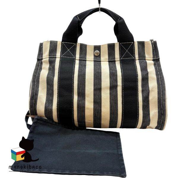 エルメス HERMES ブラック カンヌPM 白黒 ストライプ トートバッグ ポーチ ランクAB 女性用バッグ 【中古】|manekibaco
