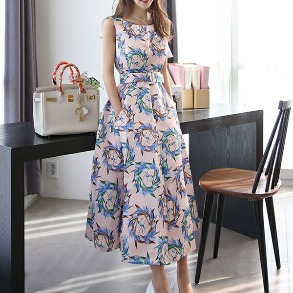 楽天市場 ワンピース エレガント コンサバ ガーリー オルチャン 可愛い 花柄 ランドネック ボートネック 春 夏 ノースリーブ ロング丈 ミモレ丈 上品 きれいめ お呼ばれ フレア Aライン デート 大人 ベルト ふんわり クラシカル ウエストマーク 通勤 レディース