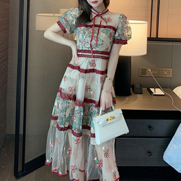 楽天市場 ワンピース 刺繍 オルチャン 可愛い 花柄 リボン 春夏半袖 透け感 シースルー パフスリーブ ボリューム袖 ガーリー レトロ アンティーク フレア デート 女子会 大人 旅行 お出かけ Aライン お呼ばれ レース レディース レッド S M L レディースマロン