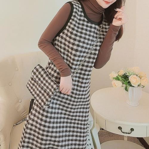 楽天市場 ワンピース セットアップ ツーピース カットソー ポシェット 無地 千鳥格子 ラウンドネック タートルネック 秋 冬 長袖 ミモレ丈 オルチャン ニット ジャンパースカート ウール ショルダーバッグ チェーン 旅行 上品 大人 女子会 デート レディース ブラック